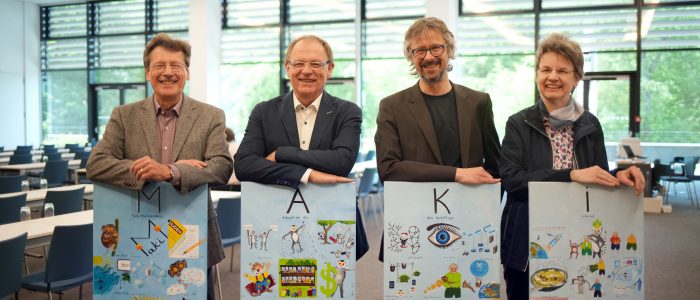 Stolzer Rückblick auf zwölf Jahre SFB MAKI bei der vorgezogenen Abschlussveranstaltung im Mai: Sprecher Prof. Ralf Steinmetz, Prof. Max Mühlhäuser, Prof. Matthias Hollick und Prof. Anja Klein (von links nach rechts).